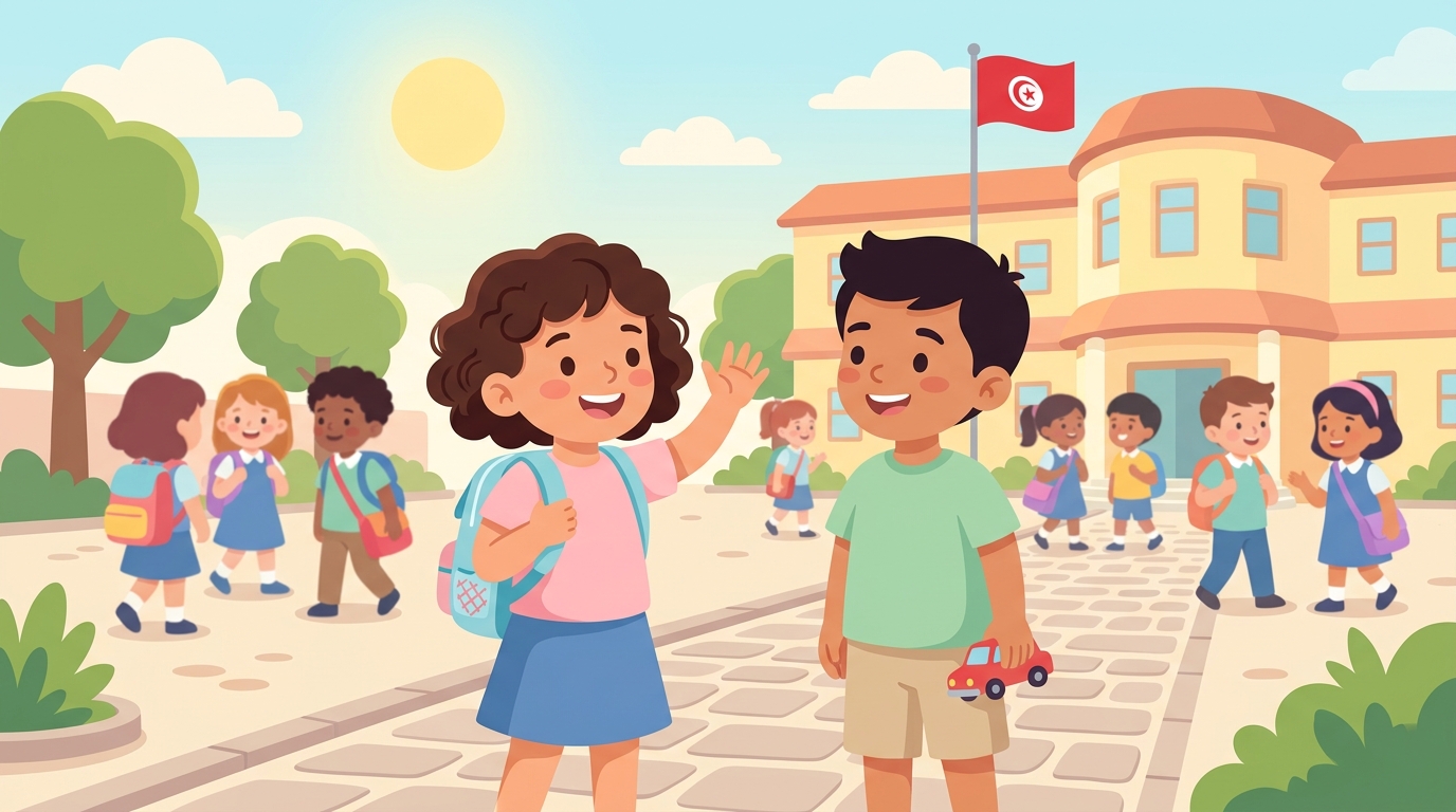Yara salue Karim dans la cour de l'école le jour de la rentrée